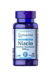 Puritan's Pride Flush Free Niacin 500 mg bottle with 100 capsules, promoting heart and circulatory health